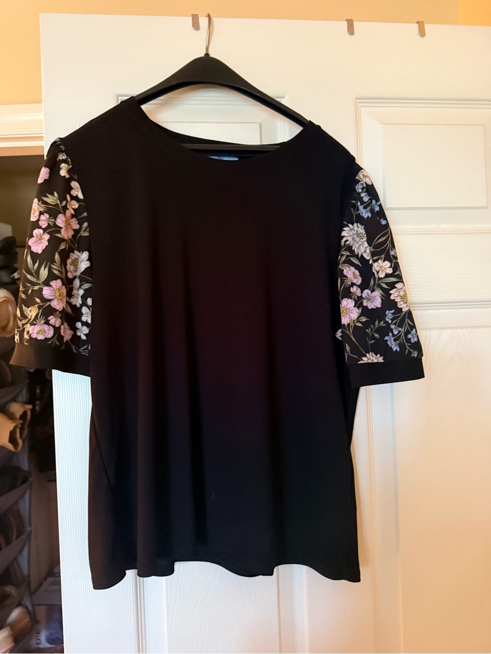 CeCe Black Short Sleeve Top with Pink Floral Sleeves